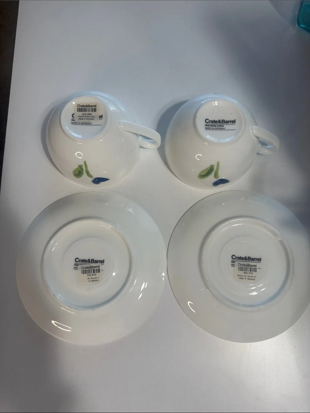 Crate&Barrel Anna’s Artistry Blue Flower Bone China Teacup and Saucer Set of Two